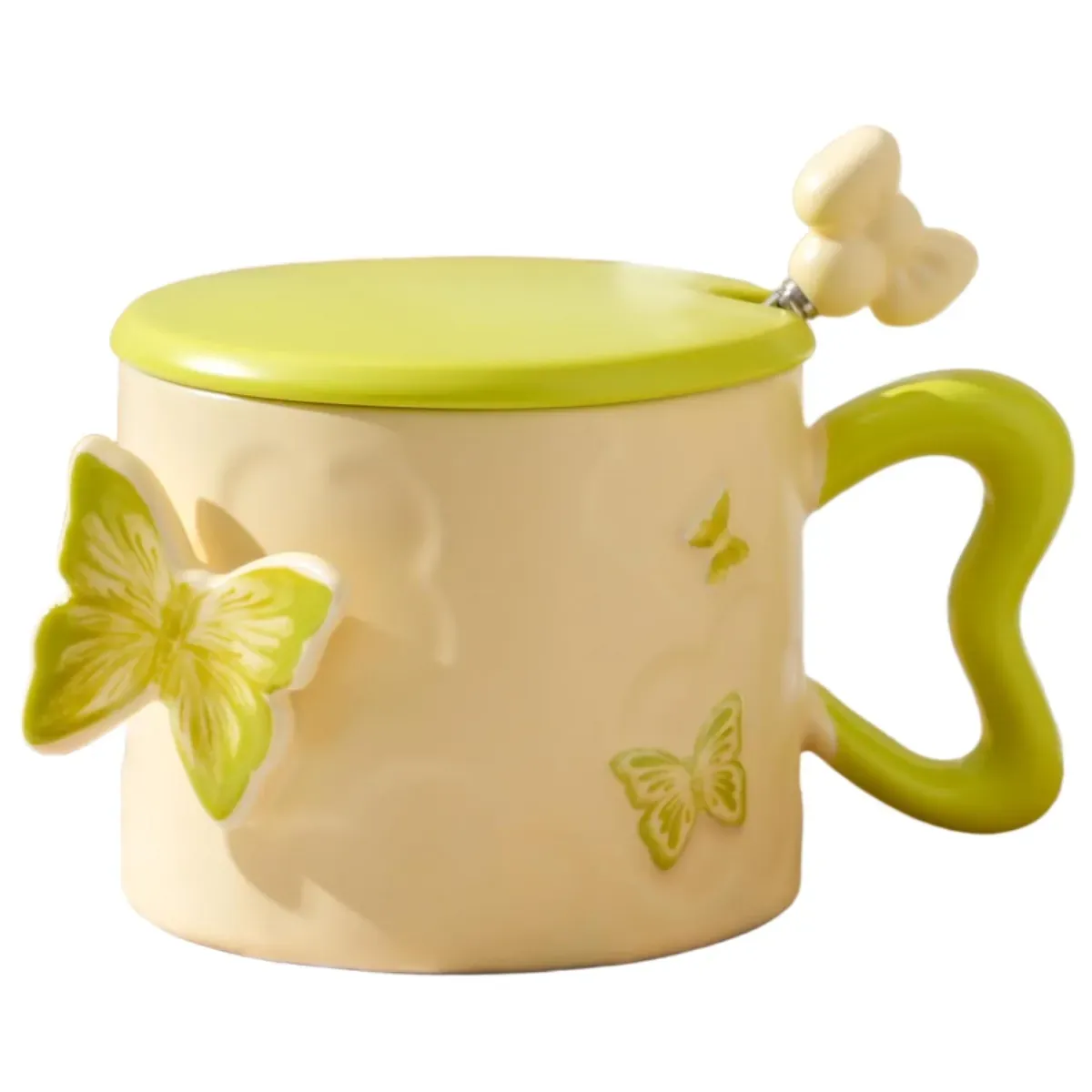 Butterfly Ceramic Mug with Lid and Spoon, 13.5 oz, Green (2-Pack)